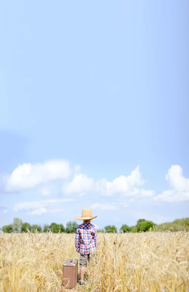 Little boy in straw hat standing beside suitcase in field