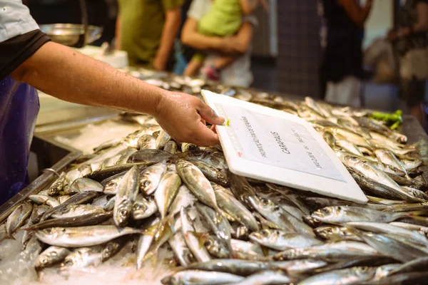 Vendeurs main tenant étiquette de prix au-dessus du poisson frais avec de la glace — Photo