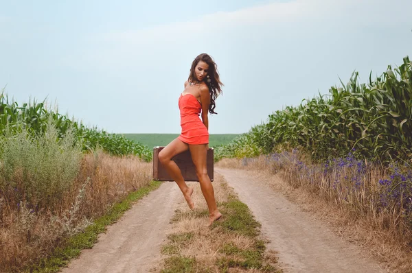 Senhora sexy com mala em mini vestido ao lado do campo de milho — Fotografia de Stock