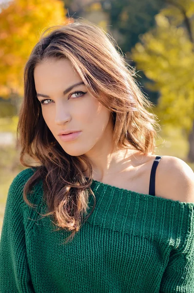 Beautiful young lady in sweater with strap on autumn background — Stock Fotó