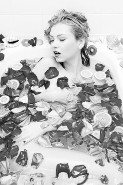 Picture of eyes closed sexy hot pinup girl with blonde hair taking relaxing bath with flower petals on white copy space background