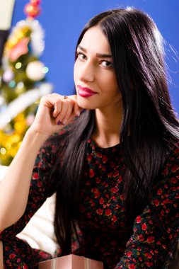 Beautiful young lady with long hair sitting calm in Christmas