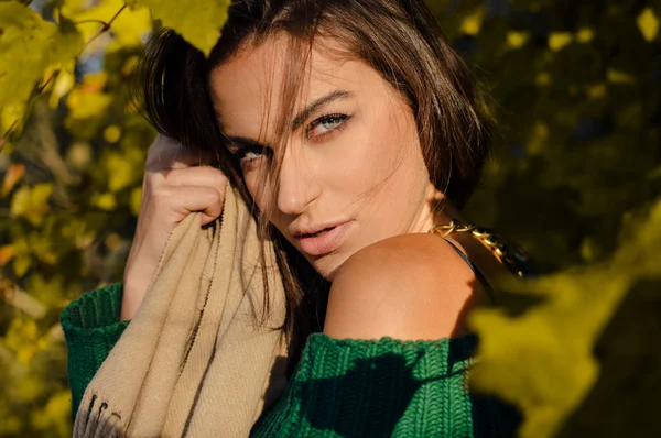 Beautiful young woman holding warm shawl  in sunny autumn park — Stockfoto