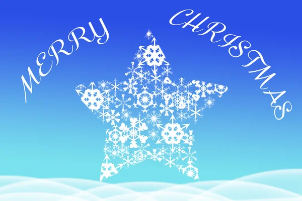 Merry Christmas greeting written above big star shaped from snowflakes — Stockfoto