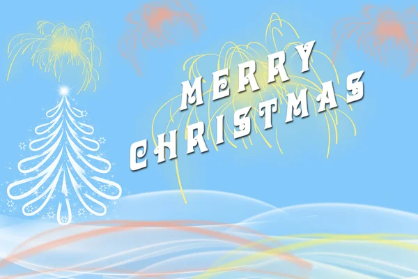 Merry Christmas artistic text written beside Christmas tree with fireworks — Stockfoto