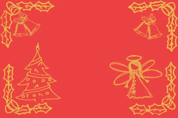 Esboço com anjo, árvore de Natal e sinos no fundo vermelho — Fotografia de Stock