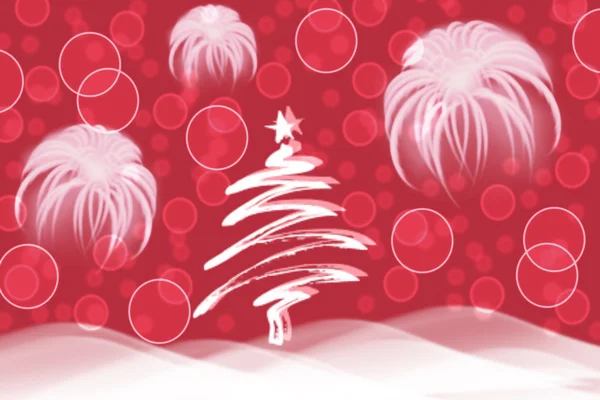 Красивые фейерверки и елка на декоративном красном фоне — стоковое фото