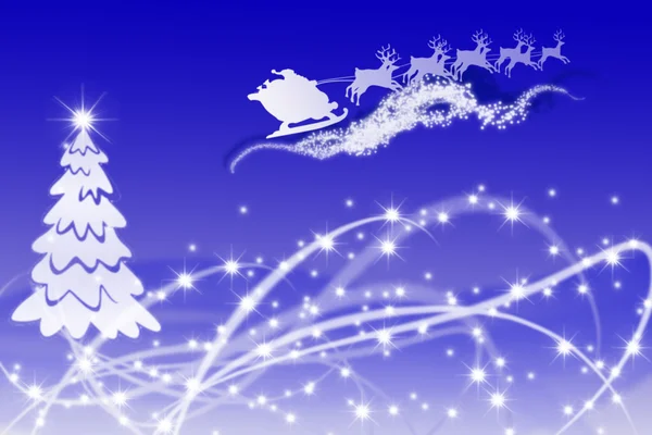 White Christmas tree and Santa sledge in bright blue sky — Zdjęcie stockowe
