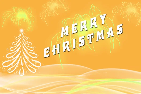 Merry Christmas greeting written beside Christmas tree with golden fireworks — 图库照片