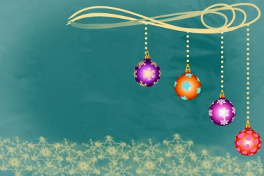 Christmas bowls hanging above golden snowflakes on biskay bay background