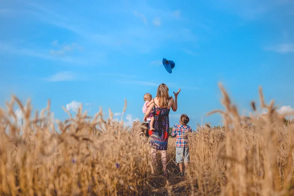 Backview of mother and two kids in summer wheat field — Zdjęcie stockowe