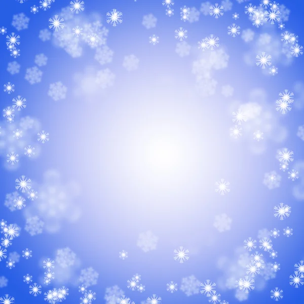 Square ultramarine digital background with white snowflakes and blurred center — 图库照片
