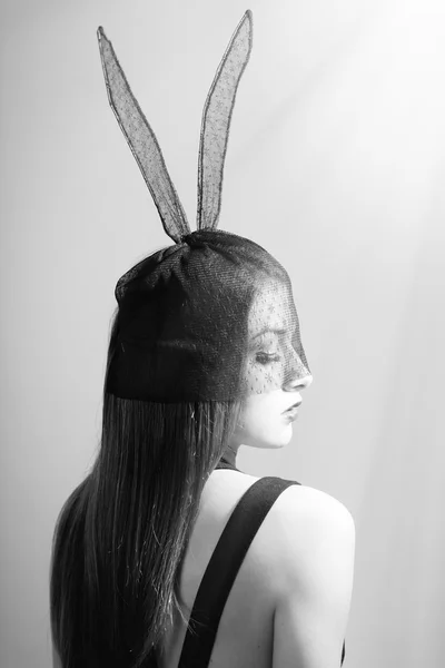 Portrait of sexy mysterious young pretty lady in bunny ears mask — Stock Photo, Image