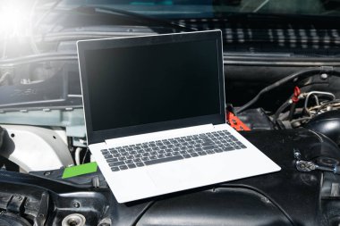 Adamın biri arabanın kaputunun altında dizüstü bilgisayarla teşhis koyuyor.