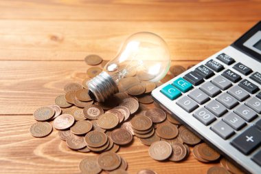 İş fikri konsepti. Hesap makinesinin yanında madeni paralar ve masanın üzerinde bir lamba.