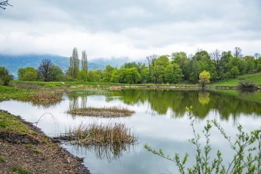 Göller ve ağaçlar bulutların altında