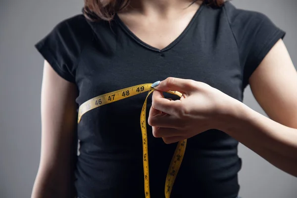 Young Woman Measures Her Bust Measuring Tape — Stock Photo, Image