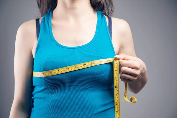 Young Woman Measures Her Bust Measuring Tape — Stock Photo, Image