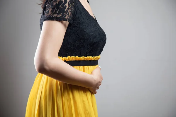 Young Woman Dress Has Stomach Ache — Stock Photo, Image