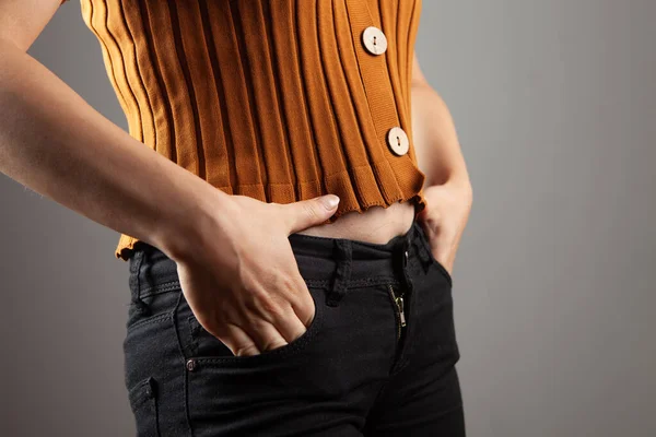 Young Girl Holding Hands Front Pockets — Stock Photo, Image