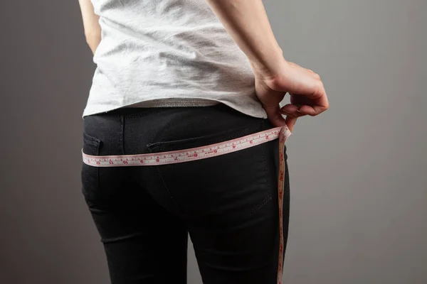 Young Woman Measures Her Waist Tape — Stock Photo, Image