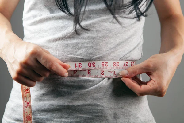 Young Woman Measuring Belly Tape — Stock Photo, Image