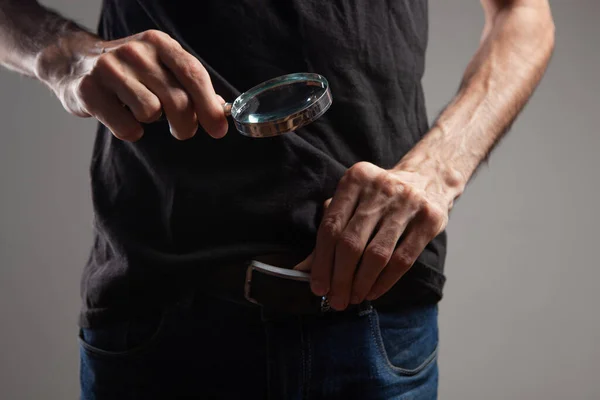 Man Looks Penis Magnifying Glass Gray Background — Foto de Stock