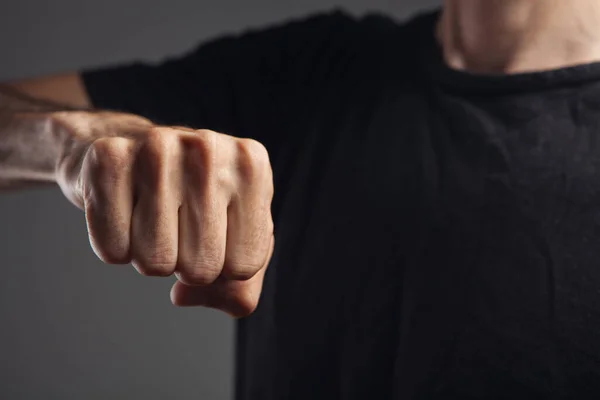 Man Shows Fist Gray Background — Stock Photo, Image