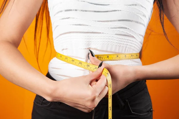 Young Woman Measuring Belly Tape — Stock Photo, Image