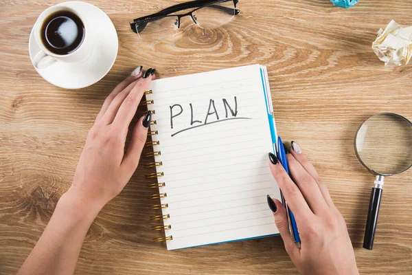 Girl Writes Plans Notebook Writing Plans — Stock Photo, Image