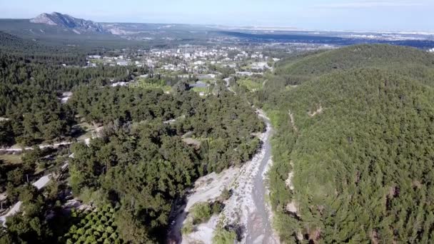 无人驾驶飞机在绿树成荫的高山湖上 在高山和山川的背景下 飞越绿树成荫 有机产品生长在一个生态农场上 — 图库视频影像
