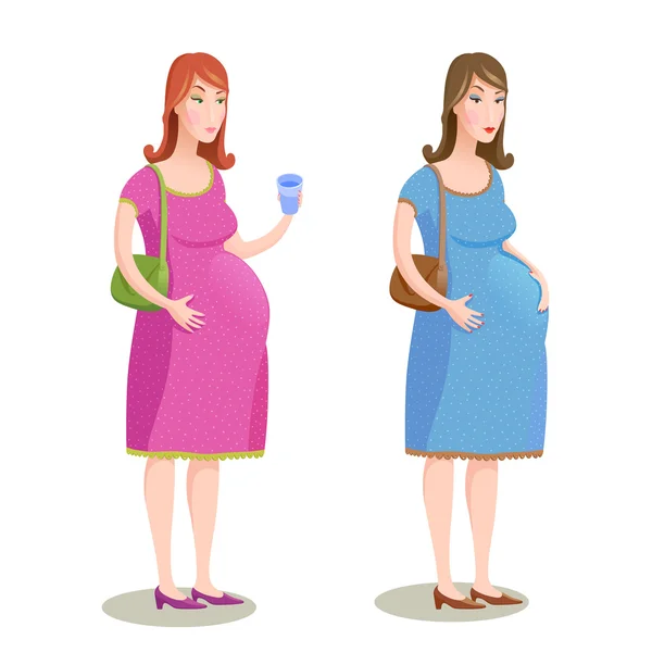 Illustration vectorielle de deux femmes enceintes en robe rose et bleue — Image vectorielle