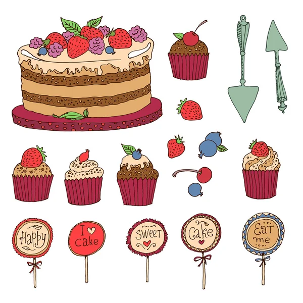 蛋糕、 松饼和浆果的一整套 — 图库矢量图片