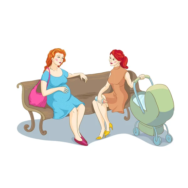 Dos mujeres hablando sentadas en el banco — Vector de stock