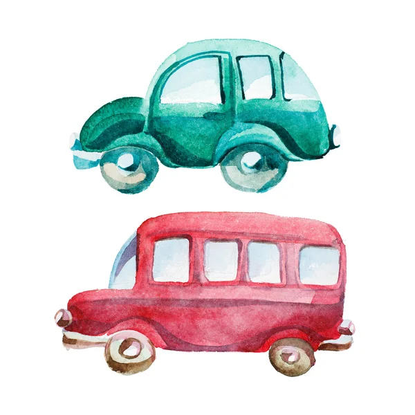 파란색 차와 빨간색 버스의 수채화 그림 — 스톡 사진