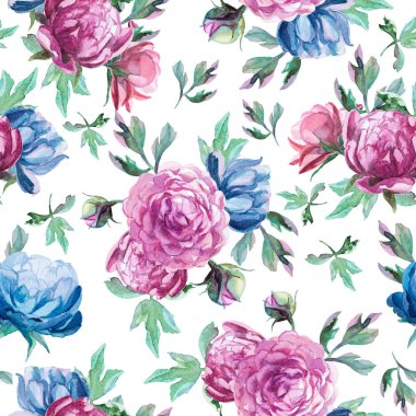  suluboya mavi ve kırmızı peonies paterni