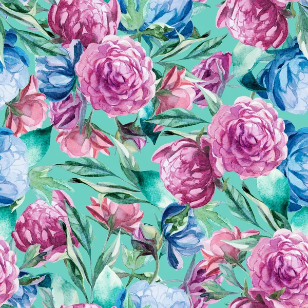 Seamless pattern of watercolor blue and red peonies and leaves — Stock Photo, Image
