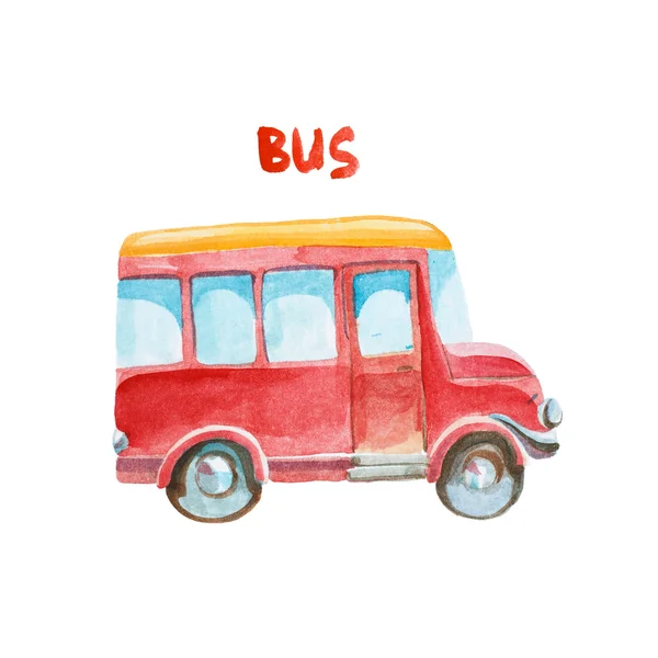 Watercolo κόκκινο λεωφορείο που απομονώνονται σε λευκό φόντο. — Φωτογραφία Αρχείου