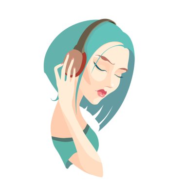 Vektör üzgün kız kısa mavi saçlı başında müzik dinlemek