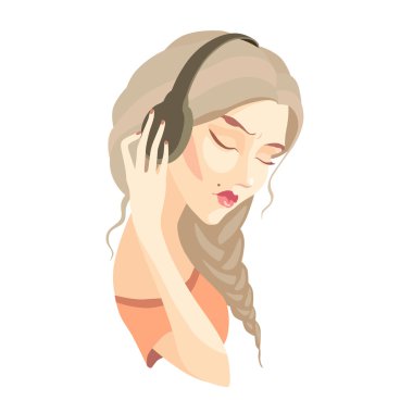 Vektör üzgün kız uzun saçlı kulaklıklar müzik dinlemek