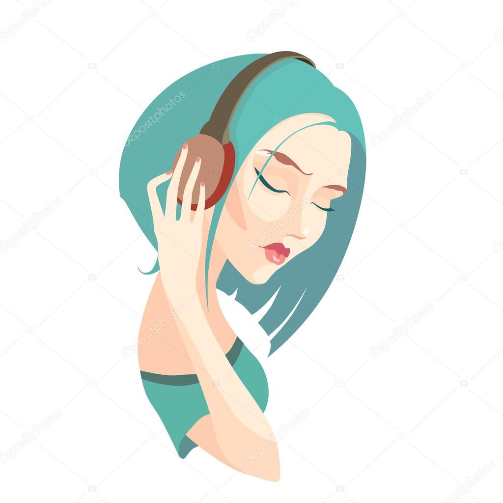 Vector sad girl with short  blue hair listening to music on head