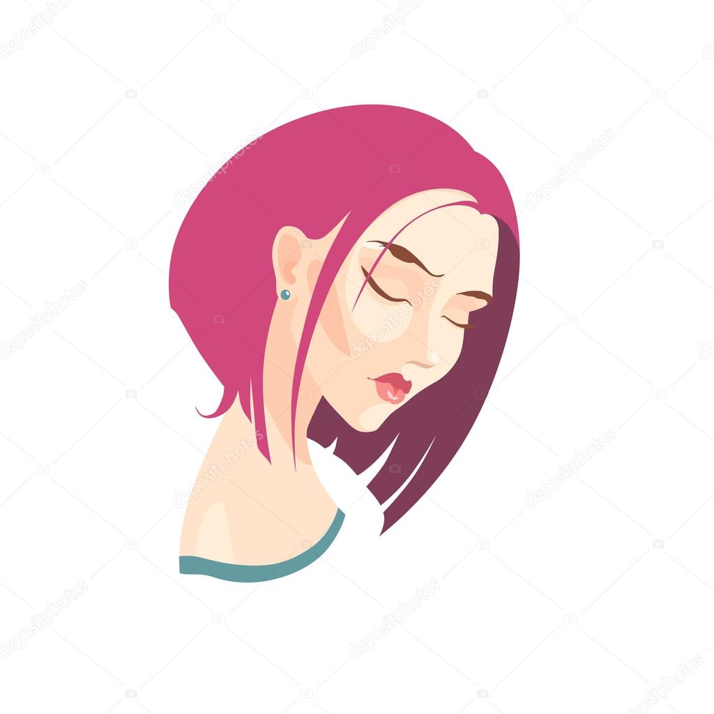 Vector portrait of sad girl with pink hair