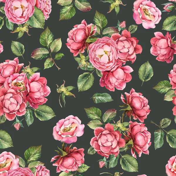 水彩シームレスパターン 暗色の背景に葉を持つピンク色のバラ みすぼらしいスタイルの壁紙 — ストック写真