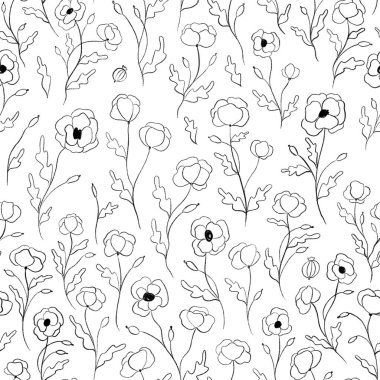 Basit gelincik çiçeklerinin kusursuz deseni ve beyaz arka planda izole bırakılıyor. Kalem çiçeği çizimi.