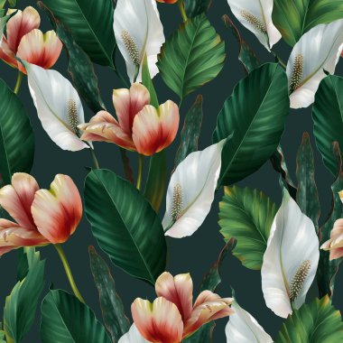 Kusursuz lale deseni ve arka planda yeşil yapraklı beyaz çiçekler.