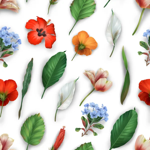 Seamless Pattern Realistic Tropical Red Hibiscus Tulip White Flowers Green — Stock Photo, Image