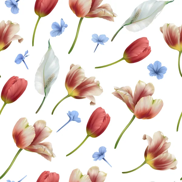Padrão Sem Costura Tulipa Flores Brancas Azuis Isolar Fundo Branco — Fotografia de Stock