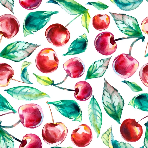 水彩的无缝纹理的叶子和樱桃 — 图库矢量图片