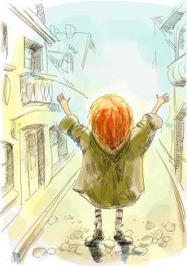 Red-haired girl with his hands up stands on the street clipart