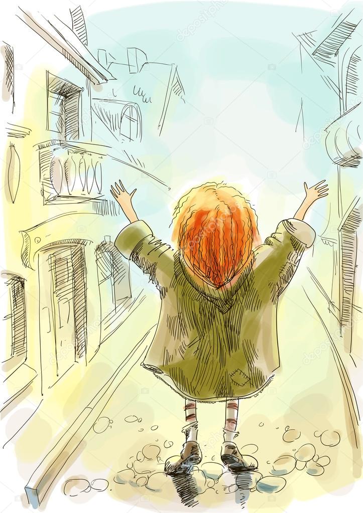 Red-haired girl with his hands up stands on the street